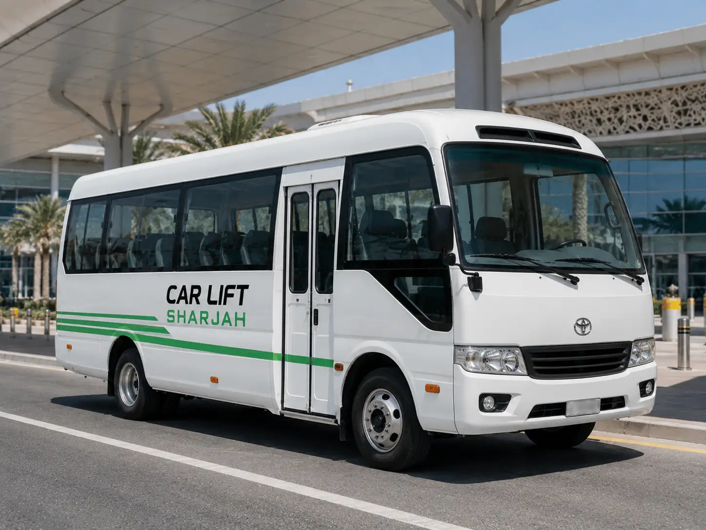ميني باص نقل مطار بشعار كار لفت الشارقة عند مبنى الركاب